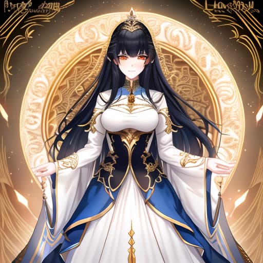  a girl manhua character with black hair and orange eyes with white skin wearing royal blue and gold noble dress hyperrealistic, full body, detailed clothing, highly detailed, cinematic lighting, stunningly beautiful, intricate, sharp focus, f/1. 8, 85mm, (centered image composition), (professionally color graded), ((bright soft diffused light)), volumetric fog, trending on instagram, trending on tumblr, HDR 4K, 8K