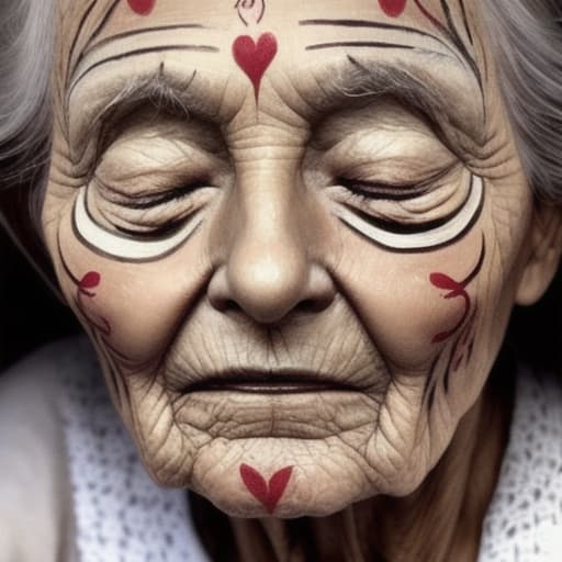   old sleeping, Beautiful face. painted on skin. s visible, on the web