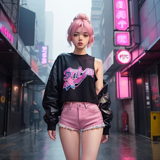  (mysterious persons in the background), foggy, rainy,neon lights, city, girl in the front with short clothes, dark alley, girl with pink hair,