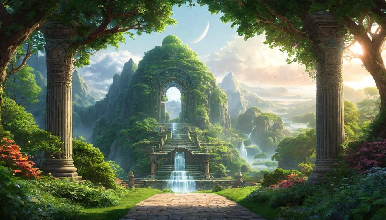  digital illustration, A complex gateway, ornately carved with symbols of knowledge and growth, standing open in a lush, ethereal landscape, threshold pulsating with energy, portal to unseen worlds, invitation, discovery, looking at viewer, dynamic pose, (intricate details, masterpiece, best quality)