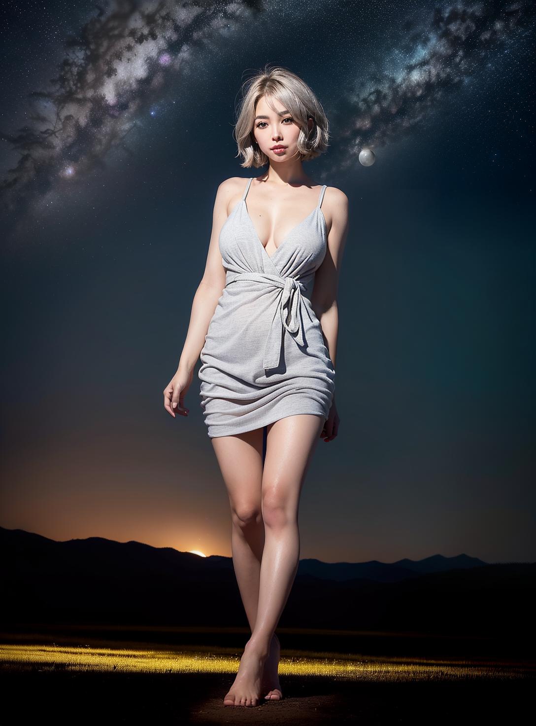  Highest quality, 4K, high resolution, realistic, night sky, beautiful woman, beautiful smile, big eyes, large eyes, abundant breasts, outstanding styles, narrow ankles, wide landscape photos, short hair, light silver Color hair, (viewed from below, the sky is above, and the open field is below), a beautiful woman standing up in a flower garden, (full moon: 1.2), (meteor: 0.9), (star cloud: 1.3 ), The distant mountains, trees destroy art, (warm light: 1.2), (fireflies: 1.2), light, purple and orange, complex details, volumetric lighting breaks (masterpieces: 1.2), (maximum quality ), 4K, super detail, (dynamic composition: 1.4), rich colors, (rainbow color: 1.2), (shine, lighting with atmosphere), dreamy, magic, (one person: 1.2 ), (Masterp