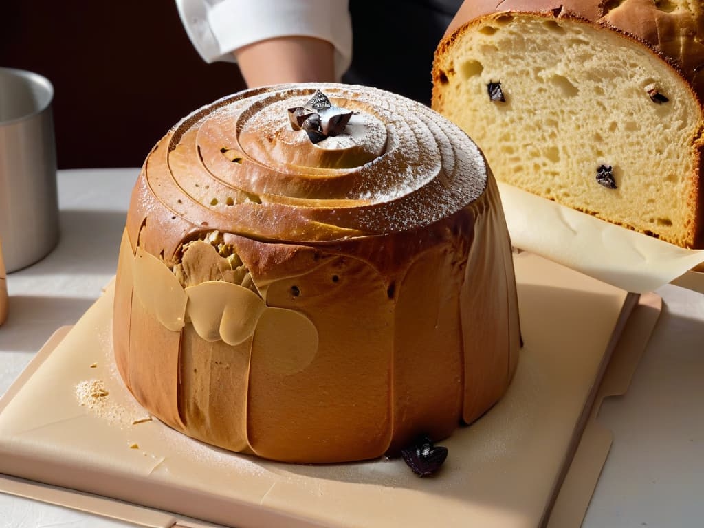  A closeup, ultradetailed image of goldenbrown panettone dough, dotted with vanilla bean specks and raisins, resting in a traditional fluted paper panettone mold. The dough is being gently kneaded by skilled hands, showcasing the intricate texture and elasticity of the dough. The background is a soft focus, emphasizing the dough and creating a serene, focused atmosphere for the viewer. hyperrealistic, full body, detailed clothing, highly detailed, cinematic lighting, stunningly beautiful, intricate, sharp focus, f/1. 8, 85mm, (centered image composition), (professionally color graded), ((bright soft diffused light)), volumetric fog, trending on instagram, trending on tumblr, HDR 4K, 8K