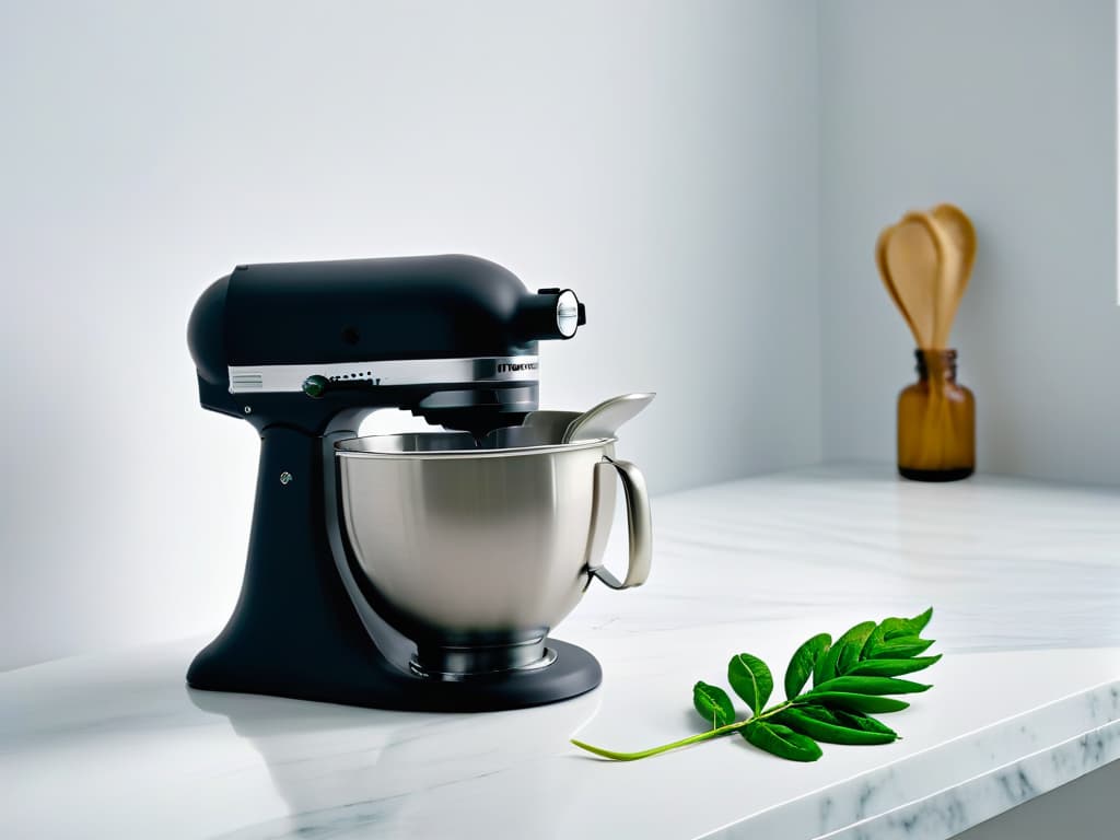  A minimalist and elegant image of a sleek, matte black stand mixer on a pristine white marble countertop. The mixer is adorned with a single vibrant green leaf, symbolizing the essence of vegan baking and the beauty of simplicity in essential equipment for vegan pastry making. The image captures the perfect balance of modernity and nature, embodying the professional and inspiring tone of the article while appealing to the minimalistic style desired. hyperrealistic, full body, detailed clothing, highly detailed, cinematic lighting, stunningly beautiful, intricate, sharp focus, f/1. 8, 85mm, (centered image composition), (professionally color graded), ((bright soft diffused light)), volumetric fog, trending on instagram, trending on tumblr, HDR 4K, 8K