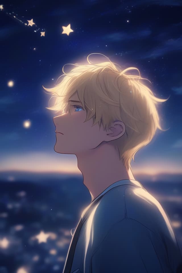  流れ星🌠(one white young man)(beautiful young man)(gentle illustration),masterpiece,(male),(blonde hair,blue eyes),(sad and beautiful young man),(shooting star)(staring into the night sky),"Remember me" high quality,8k