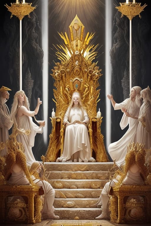  “At once I was in the Spirit, and there before me was a throne in heaven with someone sitting on it. And the one who sat there had the appearance of jasper and ruby. A rainbow that shone like an emerald encircled the throne. Surrounding the throne were twenty-four other thrones, and seated on them were twenty-four elders. They were dressed in white and had crowns of gold on their heads. From the throne came flashes of lightning, rumblings and peals of thunder. In front of the throne, seven lamps were blazing. These are the seven spirits of God. Also in front of the throne there was what looked like a sea of glass, clear as crystal. In the center, around the throne, were four living creatures, and they were covered with eyes, in front and 