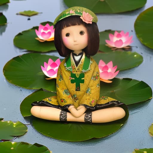  A doll sitting cross-legged on a lotus flower ，