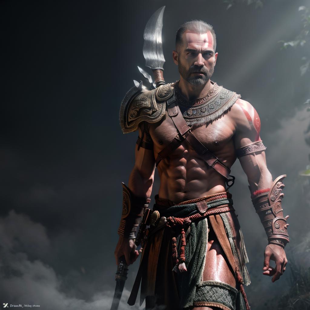  God of war hyperrealistic, full body, detailed clothing, highly detailed, cinematic lighting, stunningly beautiful, intricate, sharp focus, f/1. 8, 85mm, (centered image composition), (professionally color graded), ((bright soft diffused light)), volumetric fog, trending on instagram, trending on tumblr, HDR 4K, 8K