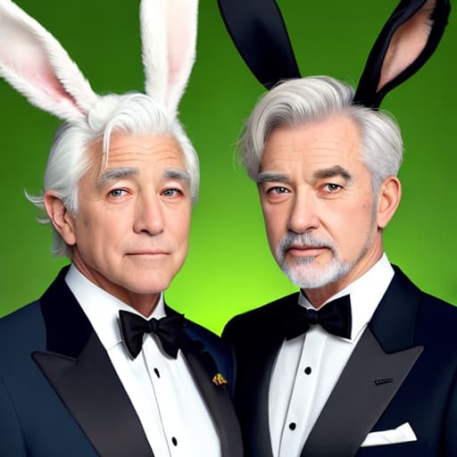  A handsome 2 old man with yellow eyes, white hair and bunny ears wearing a tuxedo and a monocle