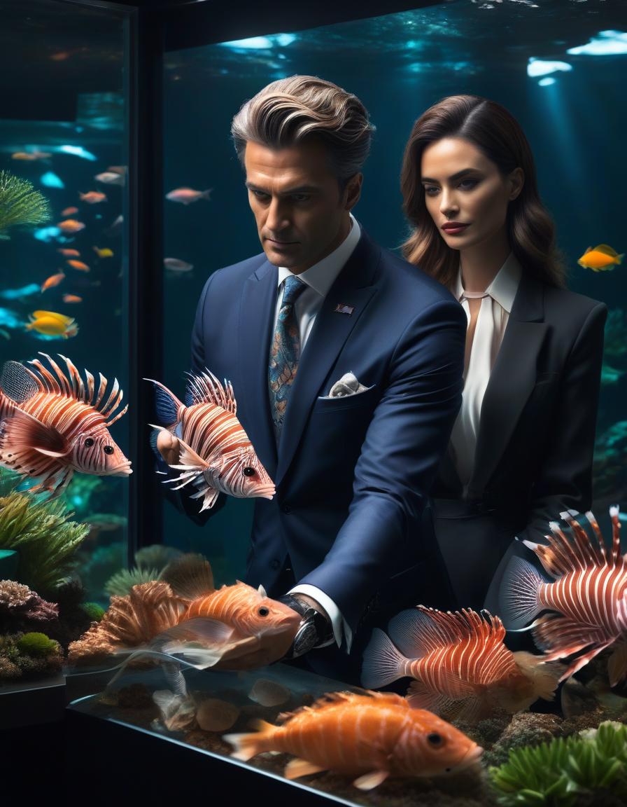  Photorealism, a millionaire man in an expensive suit stands next to an aquarium and pours food on top of a lionfish in an aquarium, next to him a secretary girl holds a small tray with food, electric colors hyperrealistic, full body, detailed clothing, highly detailed, cinematic lighting, stunningly beautiful, intricate, sharp focus, f/1. 8, 85mm, (centered image composition), (professionally color graded), ((bright soft diffused light)), volumetric fog, trending on instagram, trending on tumblr, HDR 4K, 8K