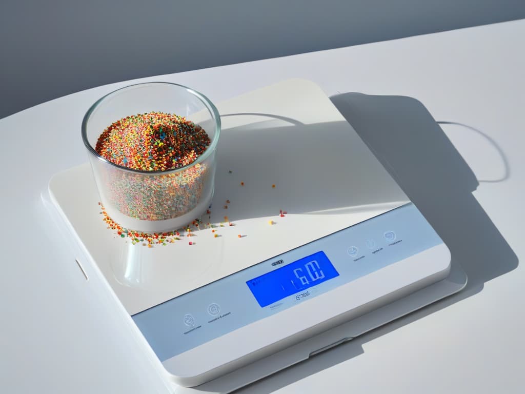  An ultradetailed 8k image of a sleek, modern digital kitchen scale with a crisp white surface and a streamlined design, displaying a precise measurement of colorful sprinkles in various shades cascading elegantly onto its surface. The lighting is soft, creating subtle shadows that add depth to the image, emphasizing the fine details of the sprinkles and the intricate calibration markings on the scale. The overall aesthetic is minimalistic yet captivating, perfectly complementing the professional and inspiring tone of the article on essential digital baking tools for beginners. hyperrealistic, full body, detailed clothing, highly detailed, cinematic lighting, stunningly beautiful, intricate, sharp focus, f/1. 8, 85mm, (centered image composition), (professionally color graded), ((bright soft diffused light)), volumetric fog, trending on instagram, trending on tumblr, HDR 4K, 8K