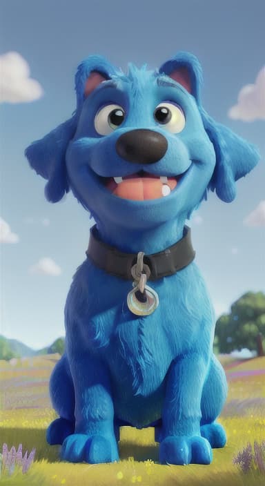  {A happy, big blue dog wagging its tail in a colorful meadow, The big blue dog is large with sky blue fur, big round eyes, a black nose, and floppy ears.