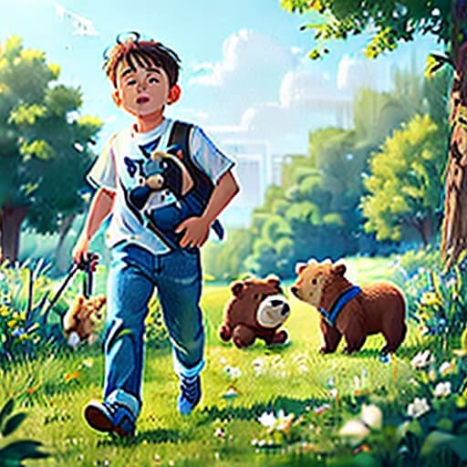  (best quality:1.5),(realistic:1.0), 1boy, white shirt, blue jeans, a bear chasing, green grass