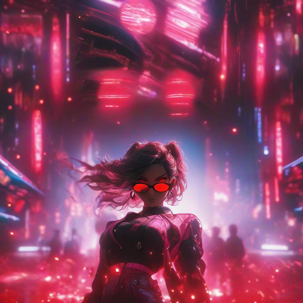  cinematic photo a girl with pink eyes standing in front of a red light, anime epic artwork, technological sunglasses, malicious, wlop : :, bright red glowing water, rage, black square glasses, corrupted, streaming on twitch, 2 d cg, || very anime, unknown, malevolent, ecchi . 35mm photograph, film, bokeh, professional, 4k, highly detailed hyperrealistic, full body, detailed clothing, highly detailed, cinematic lighting, stunningly beautiful, intricate, sharp focus, f/1. 8, 85mm, (centered image composition), (professionally color graded), ((bright soft diffused light)), volumetric fog, trending on instagram, trending on tumblr, HDR 4K, 8K