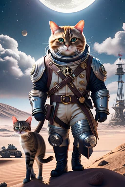  cartoon painting of 3 little pirate cats , in space suits on the Moon , high detailed , 8K hyperrealistic, full body, detailed clothing, highly detailed, cinematic lighting, stunningly beautiful, intricate, sharp focus, f/1. 8, 85mm, (centered image composition), (professionally color graded), ((bright soft diffused light)), volumetric fog, trending on instagram, trending on tumblr, HDR 4K, 8K