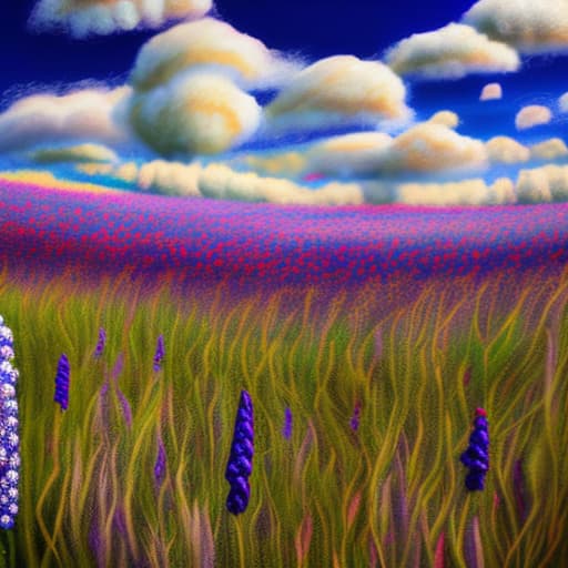 wa-vy style Tall grass, poppies and purple lupins in field. Blond haired girl in white dress holding bouquet of flowers sky is blue few clouds sun streams through clouds vivid colors looks like impressionistic painting painting vivid color dream like