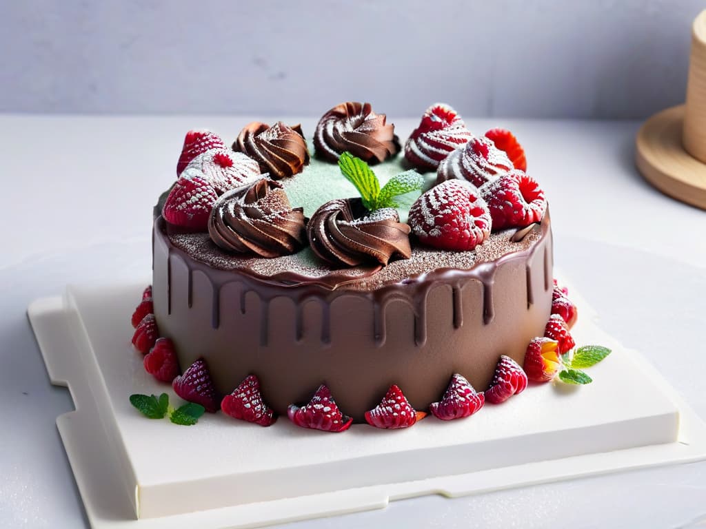  A closeup, ultradetailed image of a perfectly frosted vegan and organic chocolate cake adorned with fresh raspberries and mint leaves on a sleek, white marble serving board. The frosting is smooth and glossy, reflecting soft natural light to highlight its impeccable finish. The raspberries glisten with a hint of moisture, and the mint leaves are vibrant green, adding a pop of color to the elegant dessert. Each detail, from the delicate cake crumb to the intricate swirls of frosting, is captured with stunning clarity, showcasing the artistry and craftsmanship of expert vegan baking. hyperrealistic, full body, detailed clothing, highly detailed, cinematic lighting, stunningly beautiful, intricate, sharp focus, f/1. 8, 85mm, (centered image composition), (professionally color graded), ((bright soft diffused light)), volumetric fog, trending on instagram, trending on tumblr, HDR 4K, 8K