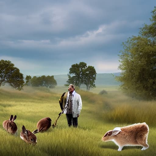  the youtuber and the rabbits Apply the Following Styles 3Drenderer hyperrealistic, full body, detailed clothing, highly detailed, cinematic lighting, stunningly beautiful, intricate, sharp focus, f/1. 8, 85mm, (centered image composition), (professionally color graded), ((bright soft diffused light)), volumetric fog, trending on instagram, trending on tumblr, HDR 4K, 8K