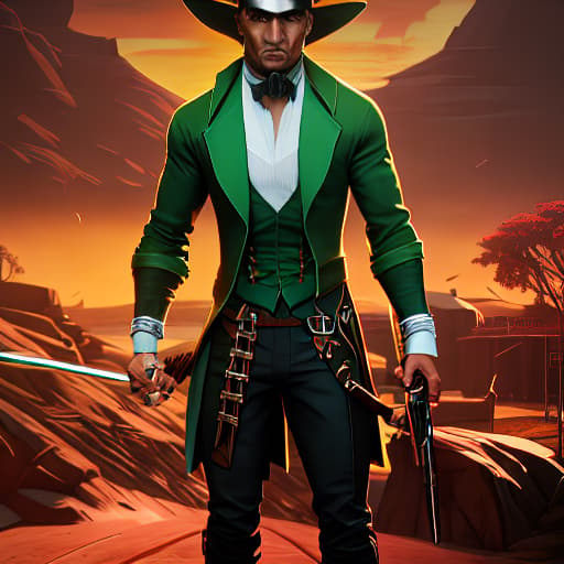 arcane style A cowboy wearing green clothes and a bandana mask on his face hyperrealistic, full body, detailed clothing, highly detailed, cinematic lighting, stunningly beautiful, intricate, sharp focus, f/1. 8, 85mm, (centered image composition), (professionally color graded), ((bright soft diffused light)), volumetric fog, trending on instagram, trending on tumblr, HDR 4K, 8K