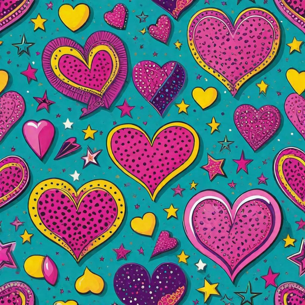  A vint pop art style pattern designed for age s, featuring bold, bright colors such as pink, teal, yellow, and purple. Incorporate fun and trendy elements like hearts, stars, lips, lightning bolts, and cute emojis. The pattern should have an energetic and vibe that would appeal to young, trendy customers. hyperrealistic, full body, detailed clothing, highly detailed, cinematic lighting, stunningly beautiful, intricate, sharp focus, f/1. 8, 85mm, (centered image composition), (professionally color graded), ((bright soft diffused light)), volumetric fog, trending on instagram, trending on tumblr, HDR 4K, 8K