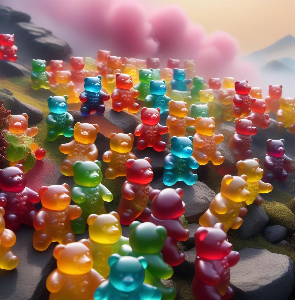  an army of colourful gummi bears storming a hill in the battle hyperrealistic, full body, detailed clothing, highly detailed, cinematic lighting, stunningly beautiful, intricate, sharp focus, f/1. 8, 85mm, (centered image composition), (professionally color graded), ((bright soft diffused light)), volumetric fog, trending on instagram, trending on tumblr, HDR 4K, 8K