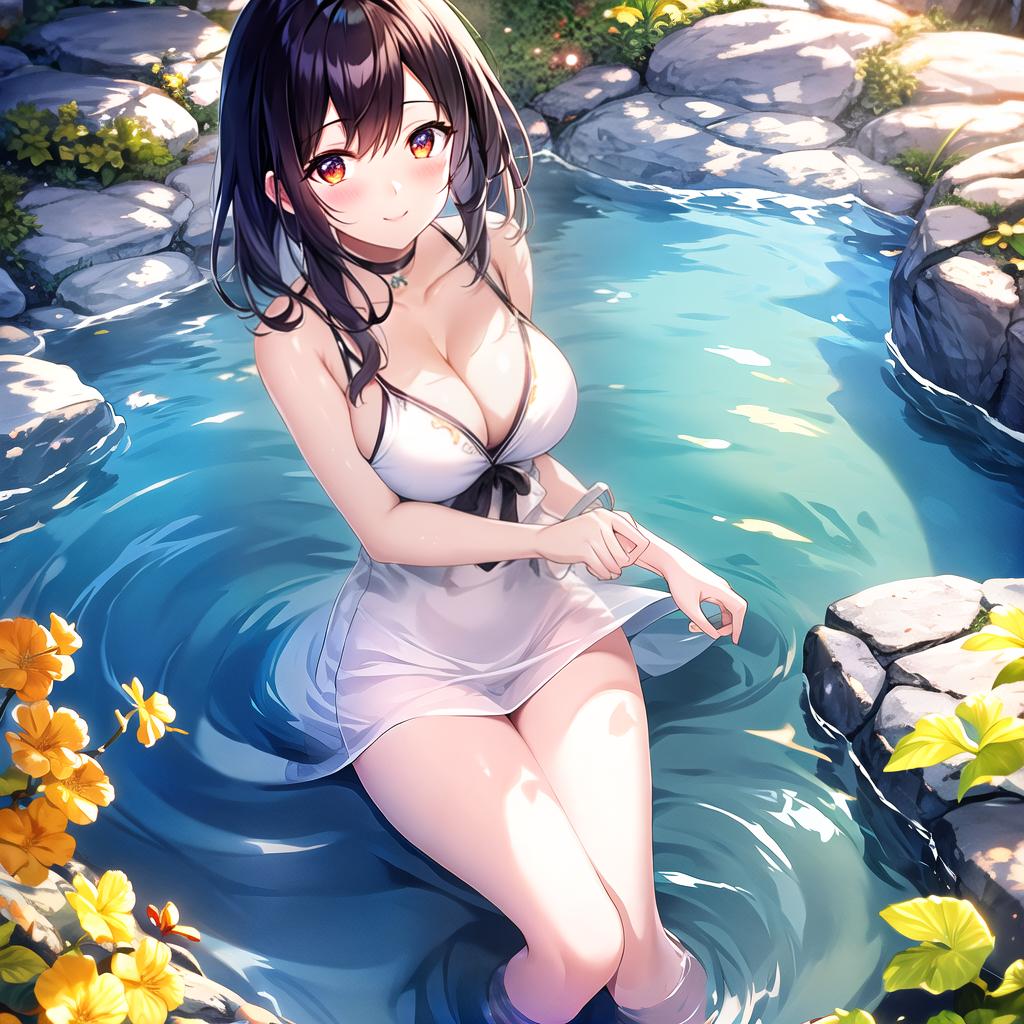  An beautiful who is quite embarred and blushing in a hot spring, , black hair, ahegao,,ero hyperrealistic, full body, detailed clothing, highly detailed, cinematic lighting, stunningly beautiful, intricate, sharp focus, f/1. 8, 85mm, (centered image composition), (professionally color graded), ((bright soft diffused light)), volumetric fog, trending on instagram, trending on tumblr, HDR 4K, 8K