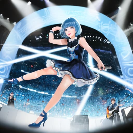  Cute girl with blue hair, dark blue heels with stars, concert dress, light blue eyes,