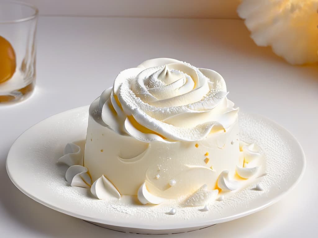  A closeup, ultradetailed image of a delicate, intricately designed dessert fork gently lifting a perfectly sculpted swirl of fluffy white meringue, with tiny droplets of sugar glistening in the soft ambient lighting, showcasing the elegant texture and airy lightness of the sweet treat. hyperrealistic, full body, detailed clothing, highly detailed, cinematic lighting, stunningly beautiful, intricate, sharp focus, f/1. 8, 85mm, (centered image composition), (professionally color graded), ((bright soft diffused light)), volumetric fog, trending on instagram, trending on tumblr, HDR 4K, 8K