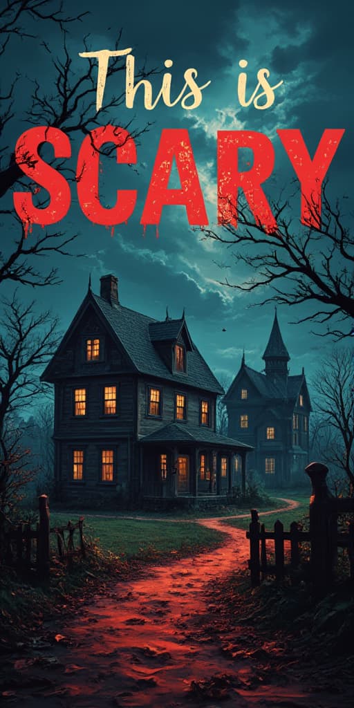  good quality, high quality, illustration "this is scary" huge letters in the middle of the scene made of houses, a manor, horror