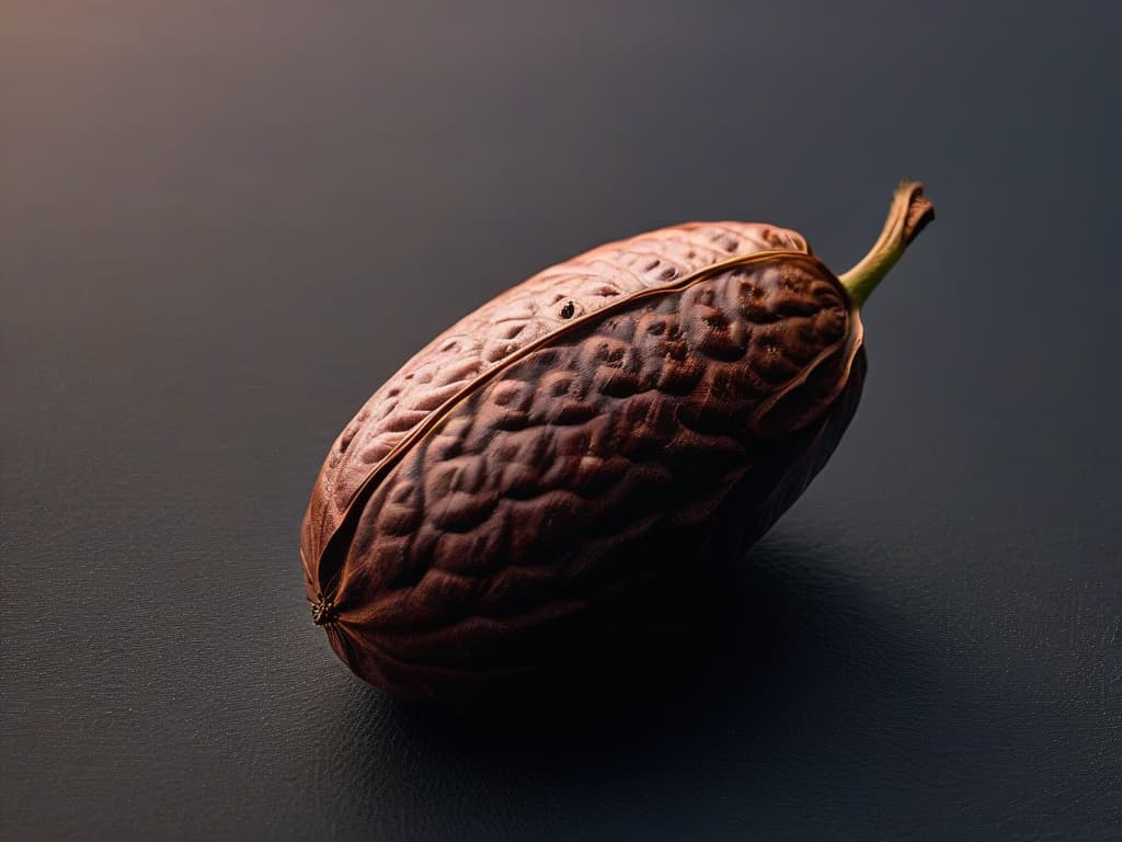  An ultradetailed closeup image of a single cacao bean, showcasing its intricate texture, rich brown color, and glossy surface under soft, natural lighting. The bean is set against a subtly blurred background, emphasizing its natural beauty and inviting the viewer to appreciate the authentic essence of cacao. hyperrealistic, full body, detailed clothing, highly detailed, cinematic lighting, stunningly beautiful, intricate, sharp focus, f/1. 8, 85mm, (centered image composition), (professionally color graded), ((bright soft diffused light)), volumetric fog, trending on instagram, trending on tumblr, HDR 4K, 8K