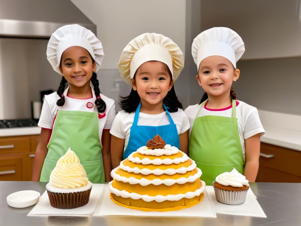  A minimalist image of a group of children wearing colorful aprons and chef hats, gathered around a kitchen counter covered in baking ingredients. Each child is focused on a different task like mixing batter, rolling dough, or decorating cupcakes, showcasing a fun and educational baking workshop for kids. The clean lines and simple color palette of the image emphasize the joy and camaraderie of learning to bake together. hyperrealistic, full body, detailed clothing, highly detailed, cinematic lighting, stunningly beautiful, intricate, sharp focus, f/1. 8, 85mm, (centered image composition), (professionally color graded), ((bright soft diffused light)), volumetric fog, trending on instagram, trending on tumblr, HDR 4K, 8K