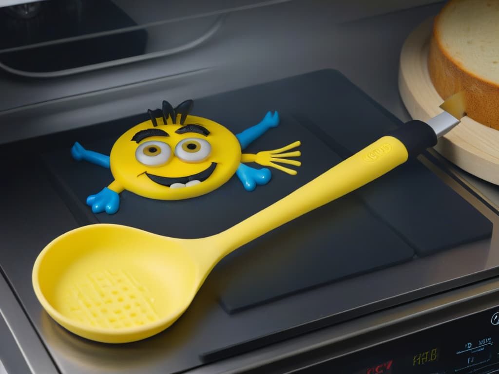  A highresolution, minimalist image of a bright yellow silicone spatula with a playful Minion character design on the handle, set against a clean, white background. The spatula's handle features the iconic Minion eyes and smile, adding a touch of whimsy to the kitchen utensil. The image showcases the fun and creative aspect of using Minionthemed cooking tools while maintaining a modern and sleek aesthetic. hyperrealistic, full body, detailed clothing, highly detailed, cinematic lighting, stunningly beautiful, intricate, sharp focus, f/1. 8, 85mm, (centered image composition), (professionally color graded), ((bright soft diffused light)), volumetric fog, trending on instagram, trending on tumblr, HDR 4K, 8K