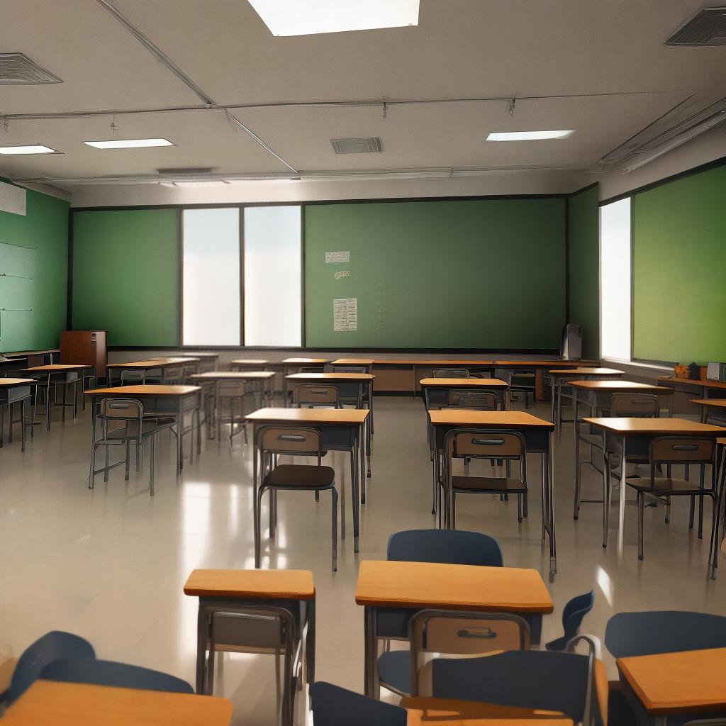  masterpiece, best quality, (masterpiece, best quality, high quality, super detail) an empty and spacious classroom with only one blackboard