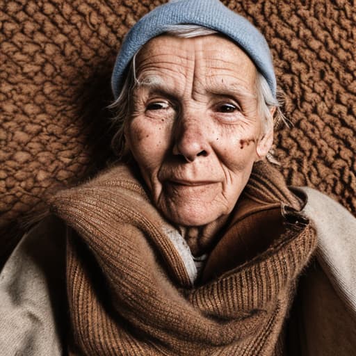 portrait+ style  and bareed skinny old small homeless with long dirty pants, old shoes, brown eyes, brown messy hair lying on ground and showing her bare and bare scrunched tummy