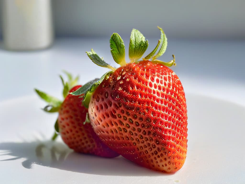  An ultradetailed closeup image of a perfectly ripe strawberry, glistening with water droplets, placed on a clean white surface. The strawberry is expertly sliced in half to reveal its vibrant red interior and tiny seeds, showcasing its freshness and natural beauty. The image captures the intricate details of the fruit, highlighting its texture, color, and juiciness, making it an enticing visual representation of natural preservation in pastry making. hyperrealistic, full body, detailed clothing, highly detailed, cinematic lighting, stunningly beautiful, intricate, sharp focus, f/1. 8, 85mm, (centered image composition), (professionally color graded), ((bright soft diffused light)), volumetric fog, trending on instagram, trending on tumblr, HDR 4K, 8K