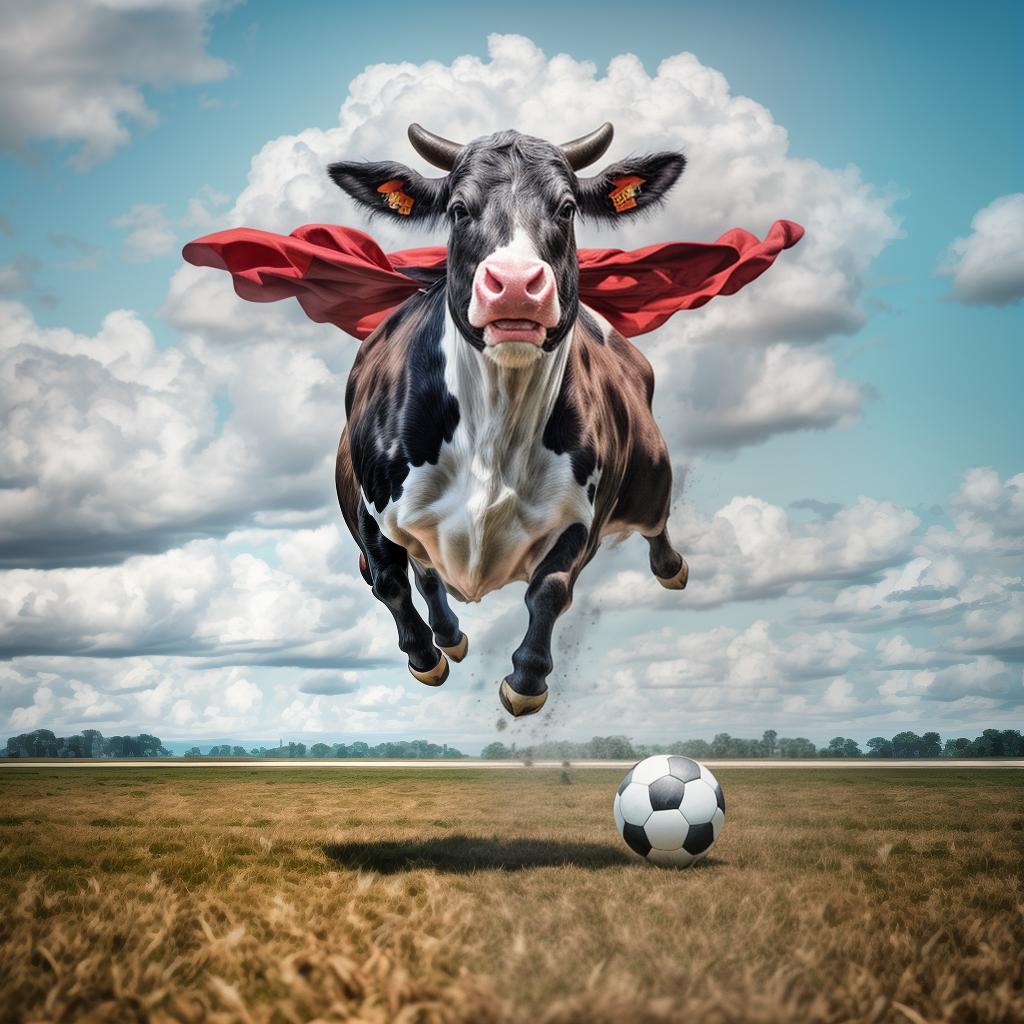  a flying cow, superman cape, flying in football station on mastership, RAW Photo, enhanced details, best quality, ultrahigh resolution, highly detailed, (sharp focus), masterpiece, (centered image composition), (professionally color graded), ((bright soft diffused light)), trending on instagram, trending on tumblr, HDR 4K