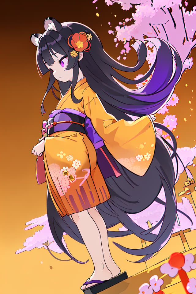  detailed,ultra detailed,hyper detailed,insanely detailed,high quality,highres,absurdres,a girl,a tiger,sleepy,walking,looking to the side,absurdly long hair,very long hair,hime cut,black hair,gradient hair,purple hair,purple eyes,eyes half closed,fair skin,short,slim,kimono,hakama,japanese clothes,gold background,orange background,yellow background,with a shrine,with a flower,at dusk,beautiful,mystical atmosphere,full body shot,from side,dutch angle shot,ground level shot,wide view,in focus with blurred background