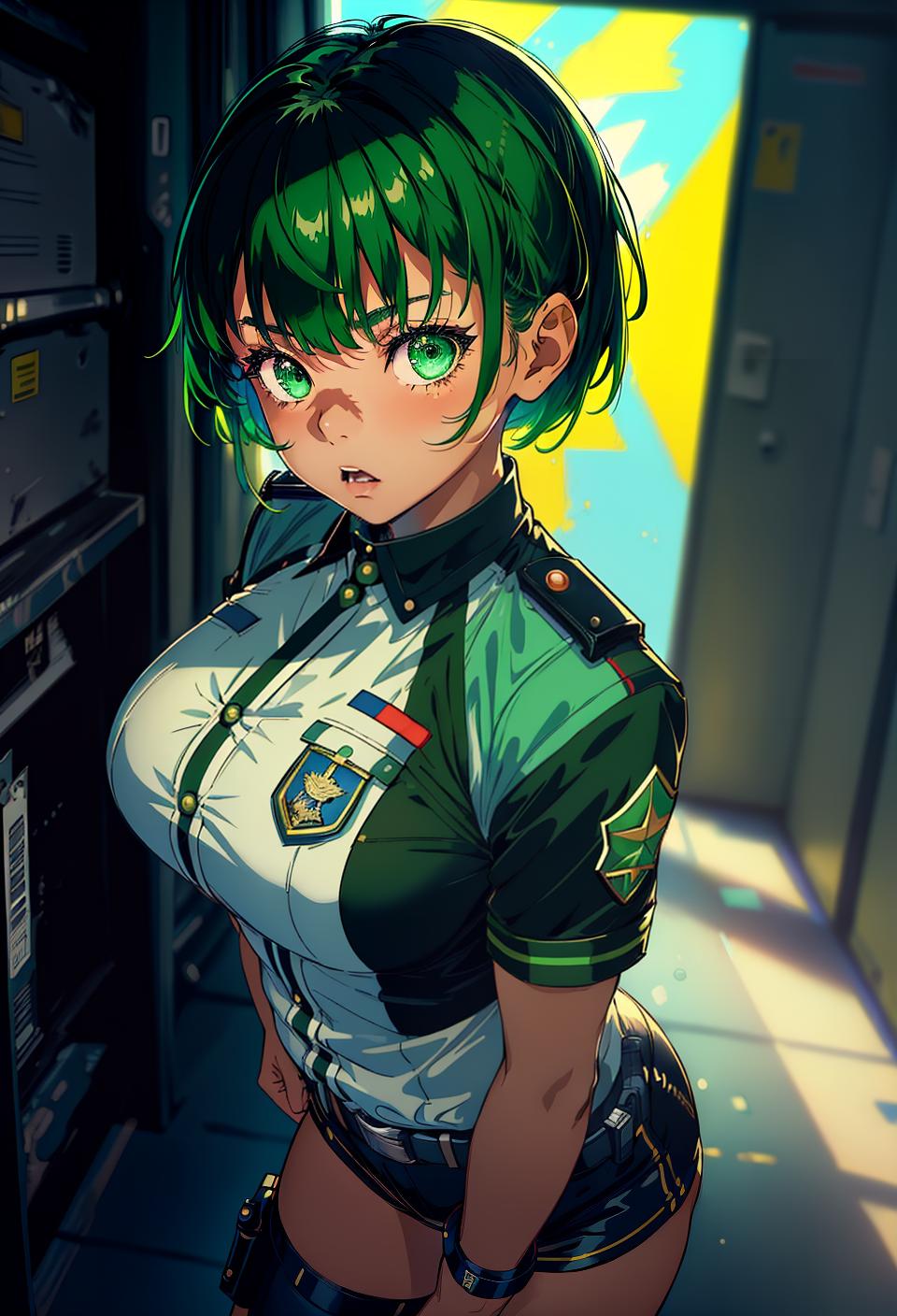  ((trending, highres, masterpiece, cinematic shot)), 1girl, young, female police uniform, abstract background, very short spiked green hair, bangs covering eyes,  green eyes, naive personality, surprised expression, dark skin, magical, limber