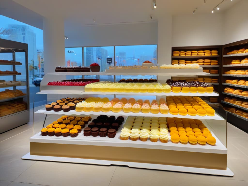  A minimalist, highresolution image of a sleek, modern bakery storefront showcasing a wide array of creatively packaged dessert merchandise such as cupcakes, macarons, and cake slices. The storefront features a large, elegant sign with the words "Postres Populares" in bold, stylish lettering. The setting is vibrant and inviting, with a clean, uncluttered aesthetic that emphasizes the colorful dessert products on display. The image conveys a sense of sophistication and creativity, perfect for capturing the essence of successful dessert merchandising. hyperrealistic, full body, detailed clothing, highly detailed, cinematic lighting, stunningly beautiful, intricate, sharp focus, f/1. 8, 85mm, (centered image composition), (professionally color graded), ((bright soft diffused light)), volumetric fog, trending on instagram, trending on tumblr, HDR 4K, 8K