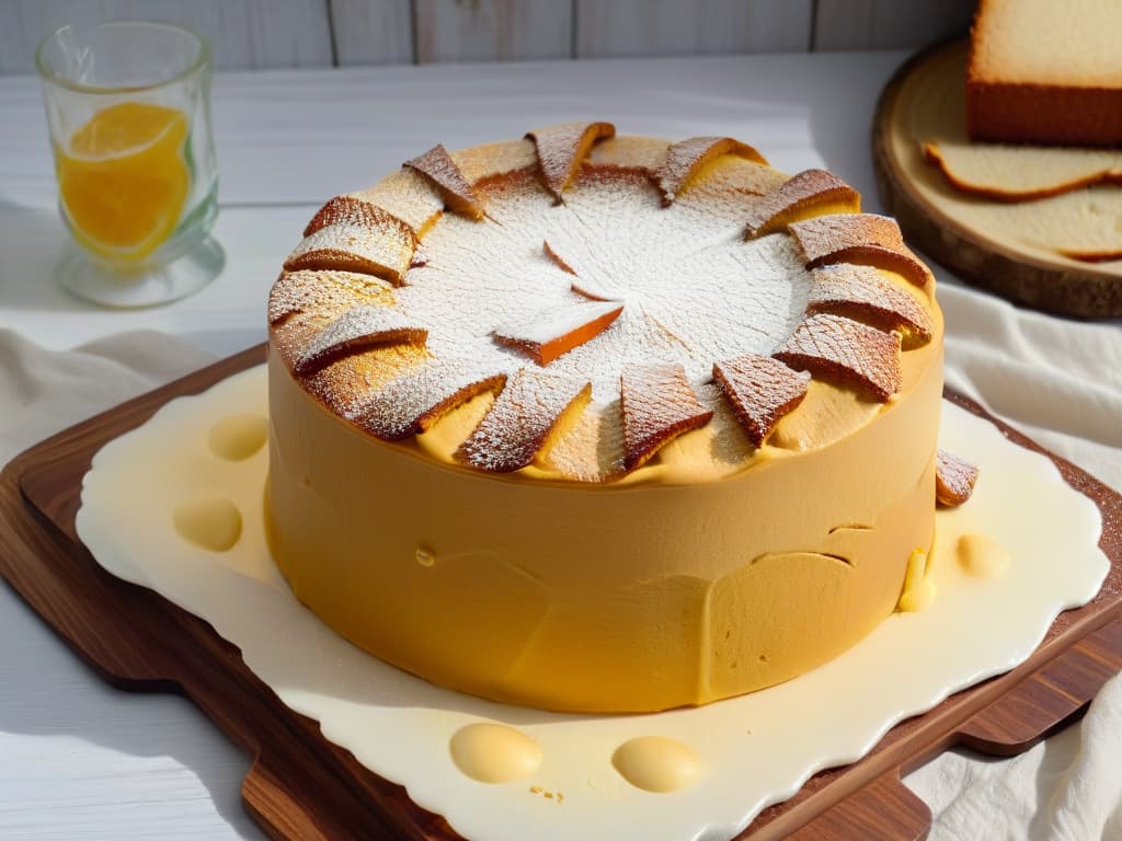  A closeup, photorealistic image of a perfectly baked sponge cake, with a goldenbrown crust, delicate crumbs, and visible air pockets throughout the soft, airy interior. The cake is elegantly displayed on a rustic wooden table, with a soft, natural light casting gentle shadows that highlight its fluffy texture and inviting appearance. hyperrealistic, full body, detailed clothing, highly detailed, cinematic lighting, stunningly beautiful, intricate, sharp focus, f/1. 8, 85mm, (centered image composition), (professionally color graded), ((bright soft diffused light)), volumetric fog, trending on instagram, trending on tumblr, HDR 4K, 8K