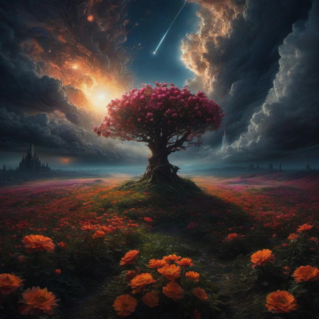  (stylized by Tomasz Alen Kopera:1.3) , dark art, dense flower field and Perseid meteor in background, landscape of a (Barcelona:1.2) , very Bizarre and 1600'S, Hurricane, Glitchcore, Amaro, layered textures, ornate, intricate artistic color, complimentary colors, very inspirational, atmosphere, fine artistic composition, sunny, theatrical hyperrealistic, full body, detailed clothing, highly detailed, cinematic lighting, stunningly beautiful, intricate, sharp focus, f/1. 8, 85mm, (centered image composition), (professionally color graded), ((bright soft diffused light)), volumetric fog, trending on instagram, trending on tumblr, HDR 4K, 8K