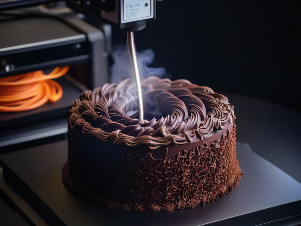  A closeup, ultradetailed image of a 3D printer extruding a vibrant, intricately designed filament made of chocolate, with delicate swirls and patterns, against a sleek, matte black background. The chocolate filament appears glossy and enticing, showcasing the precision and creativity of edible 3D printing technology. hyperrealistic, full body, detailed clothing, highly detailed, cinematic lighting, stunningly beautiful, intricate, sharp focus, f/1. 8, 85mm, (centered image composition), (professionally color graded), ((bright soft diffused light)), volumetric fog, trending on instagram, trending on tumblr, HDR 4K, 8K