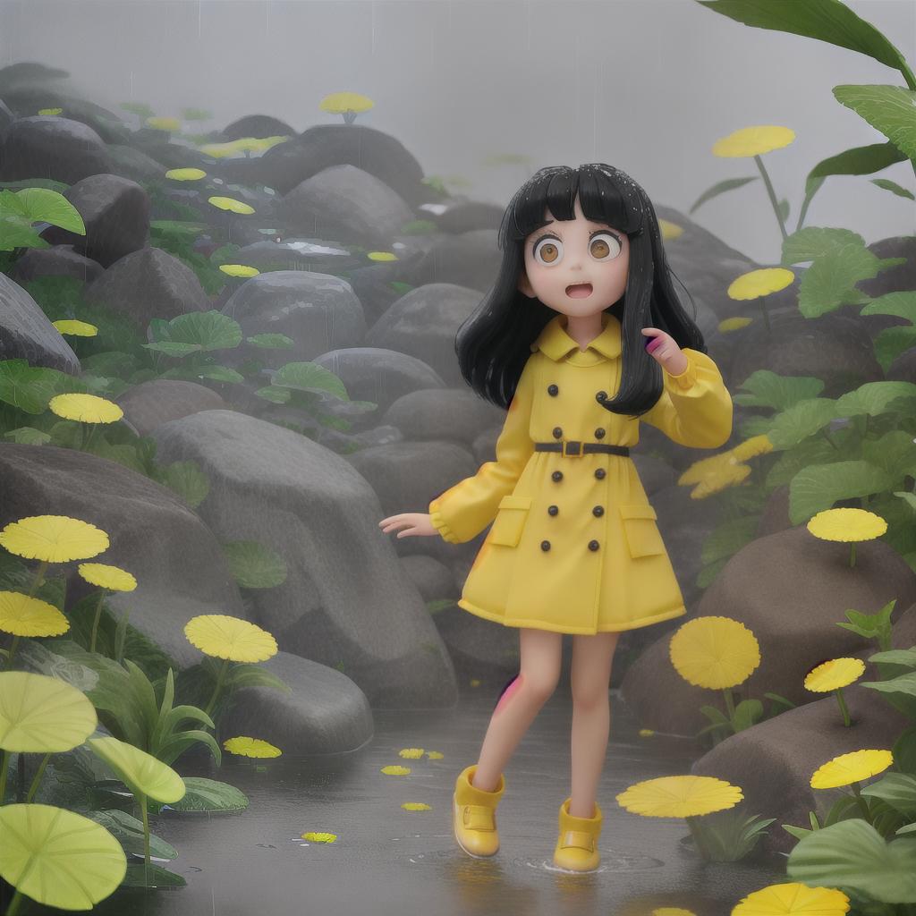  cute girl in yellow raincoat playing in water on rainy days, black hair, big eyes, cute wind