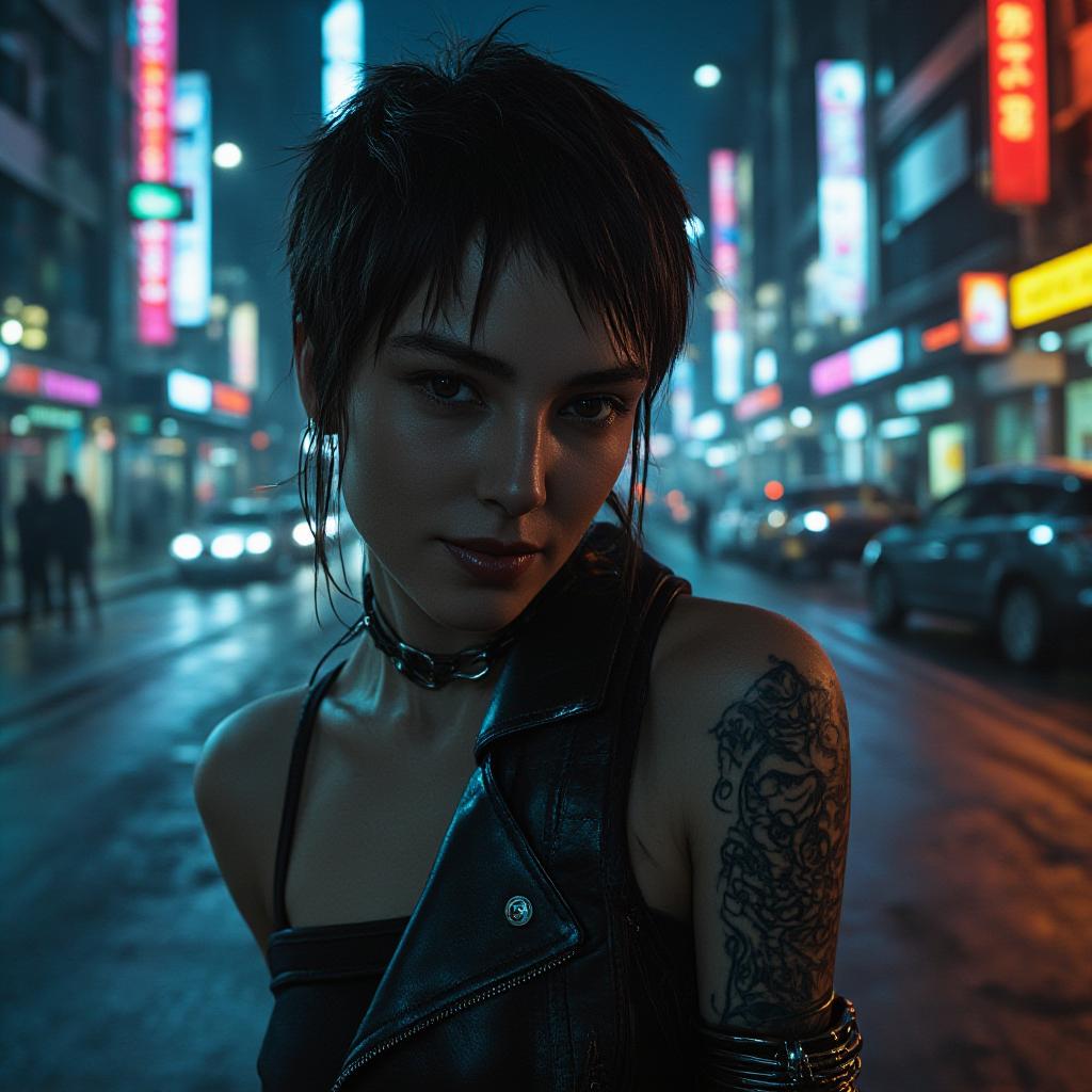  ana de armas from bladerunner, heavily tattooed, dressed as a cyberpunk girl, in the 'cyberpunk 2077' universe, in night city from the game 'cyberpunk 2077', light cybernetics, smile on face, working on tech, in the art style of shigenori soejima, facing the camera, atmospheric lighting, back lighting, high detail, very detailed hyperrealistic, full body, detailed clothing, highly detailed, cinematic lighting, stunningly beautiful, intricate, sharp focus, f/1. 8, 85mm, (centered image composition), (professionally color graded), ((bright soft diffused light)), volumetric fog, trending on instagram, trending on tumblr, HDR 4K, 8K