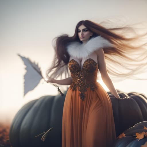  Beautiful fall fairy, white eyes, long flowing hair, falling leaves, pumpkins hyperrealistic, full body, detailed clothing, highly detailed, cinematic lighting, stunningly beautiful, intricate, sharp focus, f/1. 8, 85mm, (centered image composition), (professionally color graded), ((bright soft diffused light)), volumetric fog, trending on instagram, trending on tumblr, HDR 4K, 8K