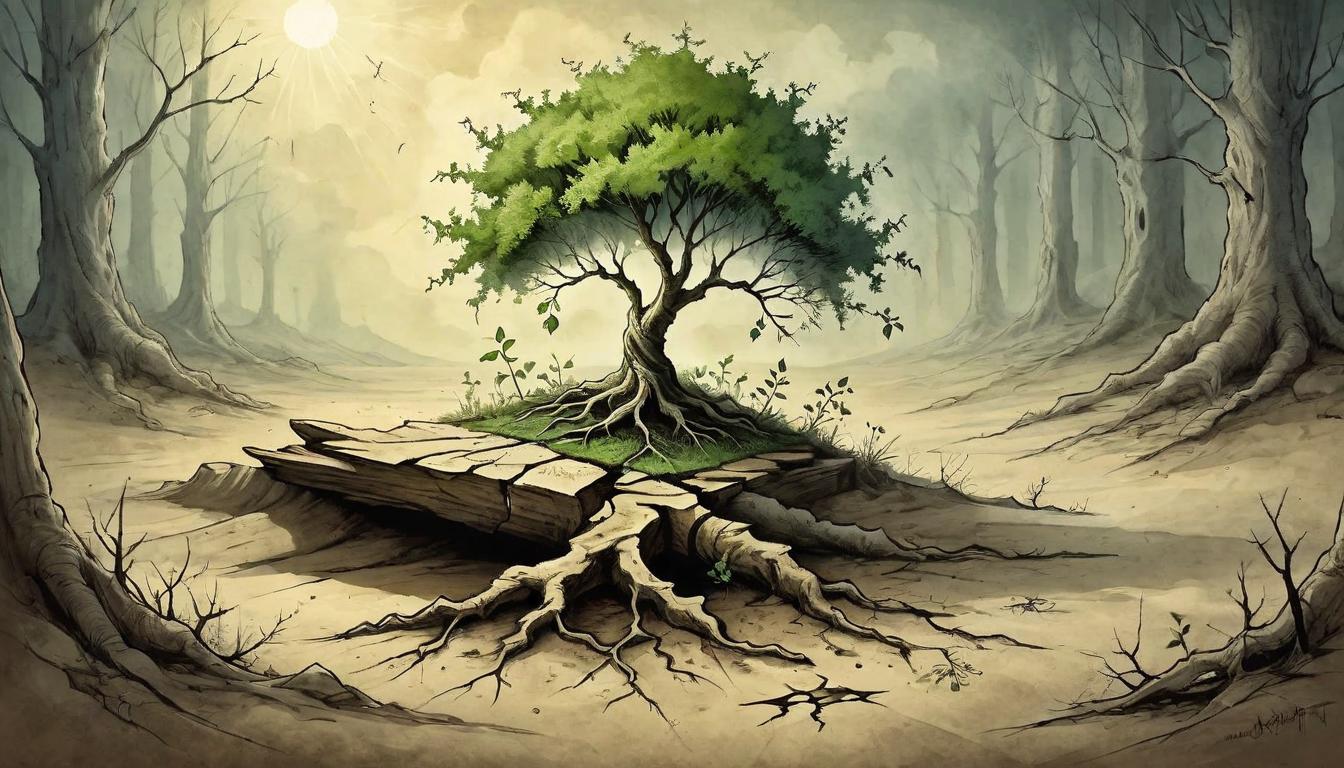  on parchment, surrealism+++, A sapling emerging from cracked ground, nurtured by light and shadows alike, growth from suffering's insights, resilience in fragile beginnings(mysterious, provocative, symbolic,muted color)+++