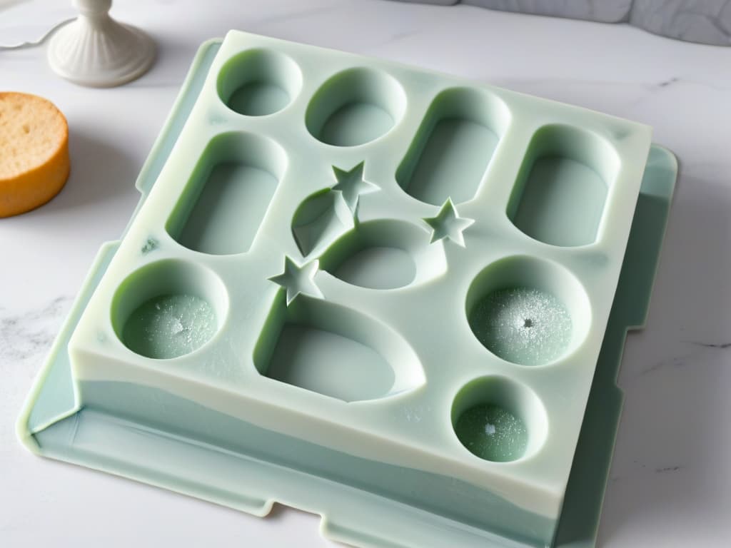  An ultradetailed image of a sleek, modern silicone mold set arranged on a pristine marble countertop. The molds come in various intricate shapes like stars, hearts, and geometric patterns, each showcasing a flawless matte finish that reflects the ambient light in a subtle, elegant manner. The minimalist design of the molds exudes sophistication and innovation, perfectly capturing the essence of modern silicone baking tools. hyperrealistic, full body, detailed clothing, highly detailed, cinematic lighting, stunningly beautiful, intricate, sharp focus, f/1. 8, 85mm, (centered image composition), (professionally color graded), ((bright soft diffused light)), volumetric fog, trending on instagram, trending on tumblr, HDR 4K, 8K