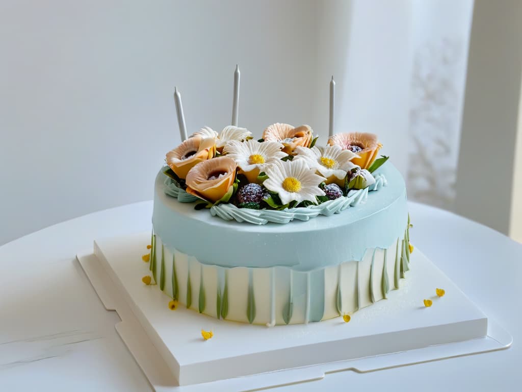  A serene and minimalist image of a cozy bakery workshop, filled with natural light streaming in through large windows, showcasing a beautifully decorated cake being delicately crafted by a pastry chef. The scene exudes a sense of calm and focus, with pastelcolored icing tubes neatly arranged on a marble countertop, and a few fresh flowers in soft hues adding a touch of elegance to the setting. The image captures the essence of a tranquil and immersive baking experience, inviting viewers to embark on a sensory journey through the art of pastry making. hyperrealistic, full body, detailed clothing, highly detailed, cinematic lighting, stunningly beautiful, intricate, sharp focus, f/1. 8, 85mm, (centered image composition), (professionally color graded), ((bright soft diffused light)), volumetric fog, trending on instagram, trending on tumblr, HDR 4K, 8K