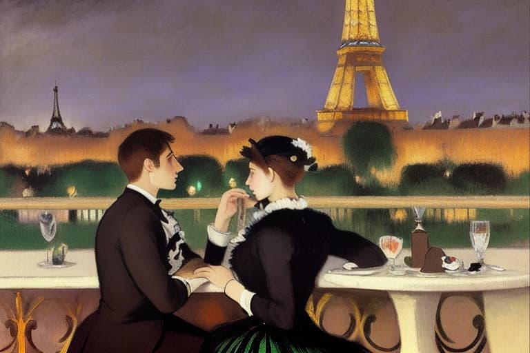  attractive young Parisian couple dressed in modern designer outfits who are romantically together in Paris. Foreground a small plate of fine dark chocolates on a bedside table. Background night with a lite Eiffel Tour Monument. Painting style of Edgar Degas