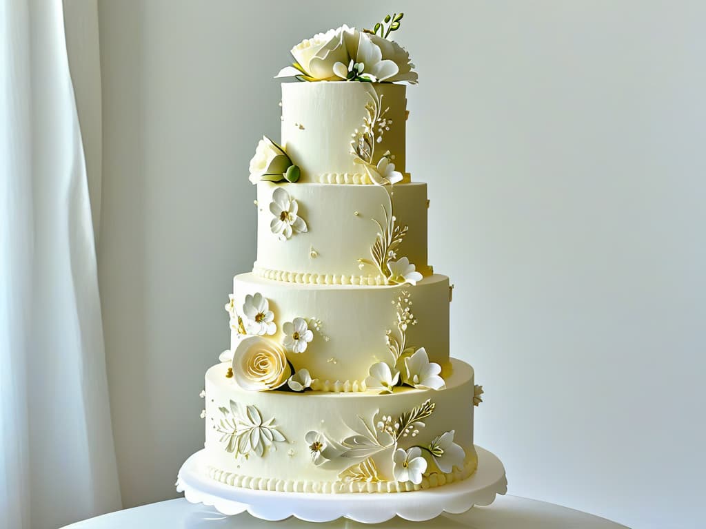  A closeup, highresolution image of a perfectly crafted, intricately designed multitiered wedding cake, featuring delicate sugar flowers, elegant piping work, and shimmering edible gold accents. The cake is displayed on a simple, pristine white cake stand, with soft natural light casting subtle shadows to highlight the intricate details of the masterpiece. hyperrealistic, full body, detailed clothing, highly detailed, cinematic lighting, stunningly beautiful, intricate, sharp focus, f/1. 8, 85mm, (centered image composition), (professionally color graded), ((bright soft diffused light)), volumetric fog, trending on instagram, trending on tumblr, HDR 4K, 8K