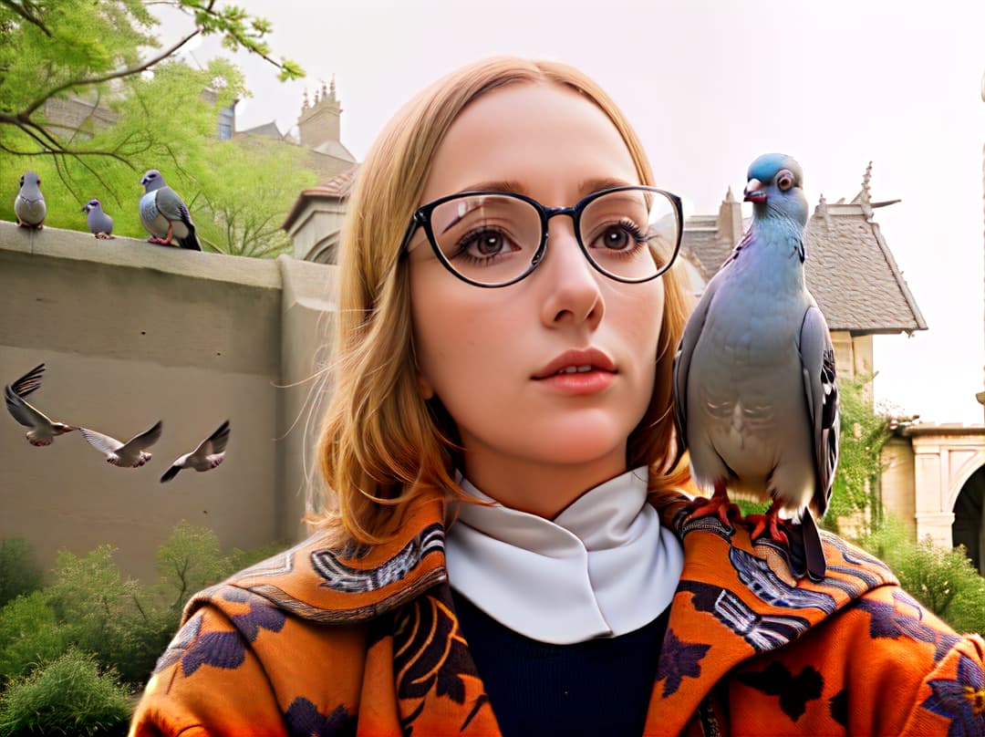  Woman with pigeon , Highly defined, highly detailed, sharp focus, (centered image composition), 4K, 8K